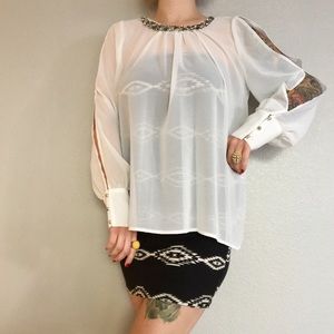 white rhinestone peep arm sheer blouse wedding